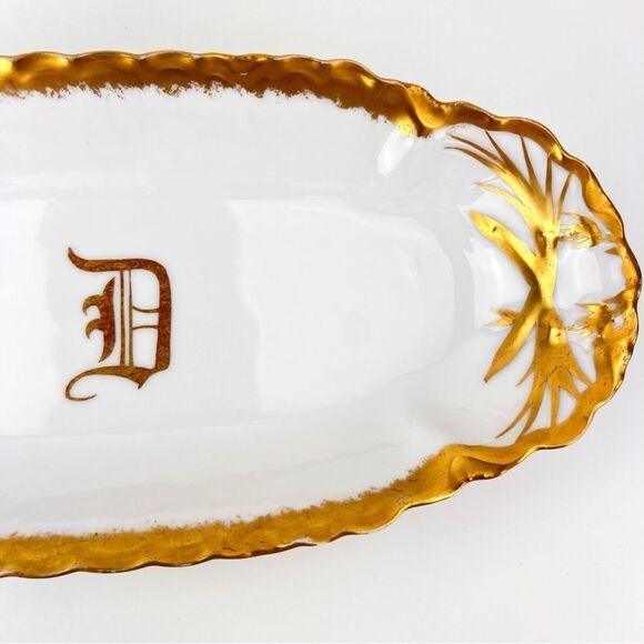 Antique Germany Gold Trim Porcelain Monogram Serving Bowl Dish - Picture 4 of 11